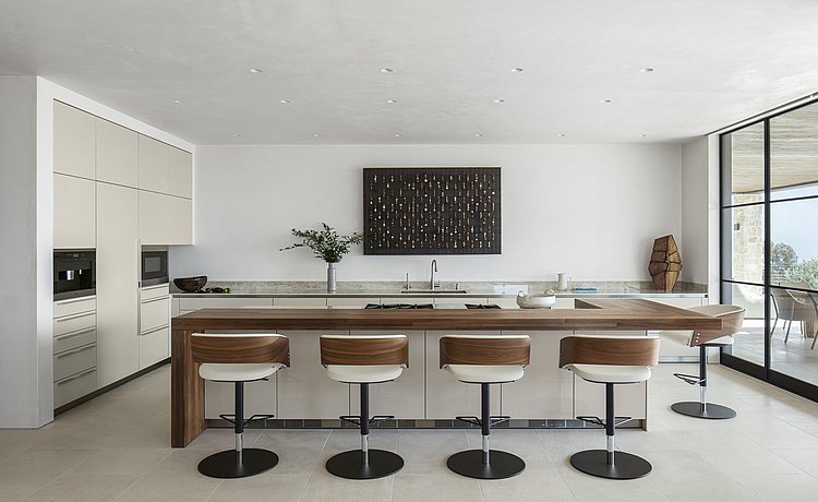 kitchen with stools and bartop